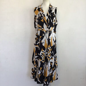 Nine West Women Elegant Black Yellow White Sleeveless Midi Wrap Dress L